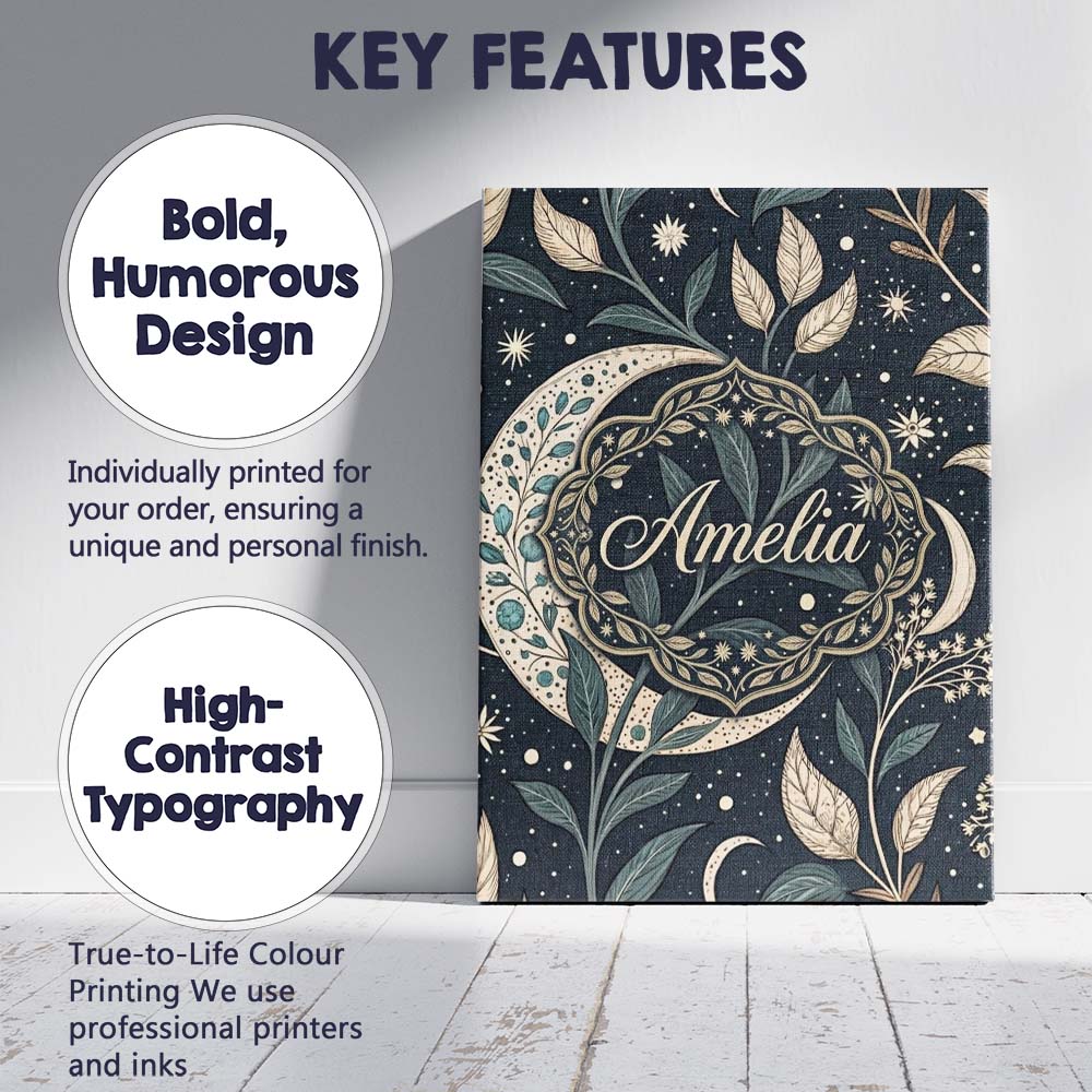 Personalised Name Botanical Crescent Moon Leaves Starry Night Custom Contemporary Display Canvas Wall Art Print Decor Picture Ready to Hang