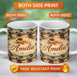 Personalized Custom Name Tropical Palm Tree Sunset Beach Scene Seamless Pattern Name Cute 11oz Ceramic Coffee Tea Mug White Large Handle