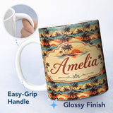 Personalized Custom Name Tropical Palm Tree Sunset Beach Scene Seamless Pattern Name Cute 11oz Ceramic Coffee Tea Mug White Large Handle