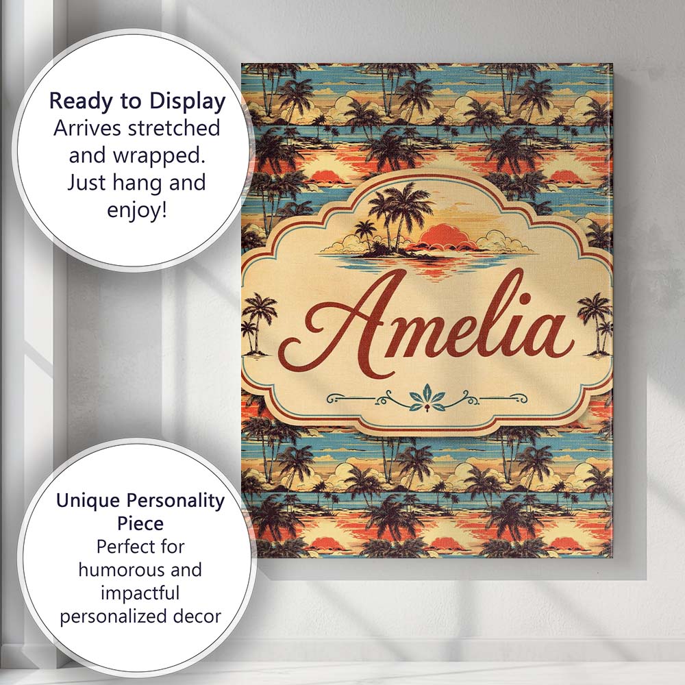 Personalised Name Tropical Palm Tree Sunset Custom  Bespoke Interior Contemporary Canvas Wall Art Print Decor Picture Ready to Hang