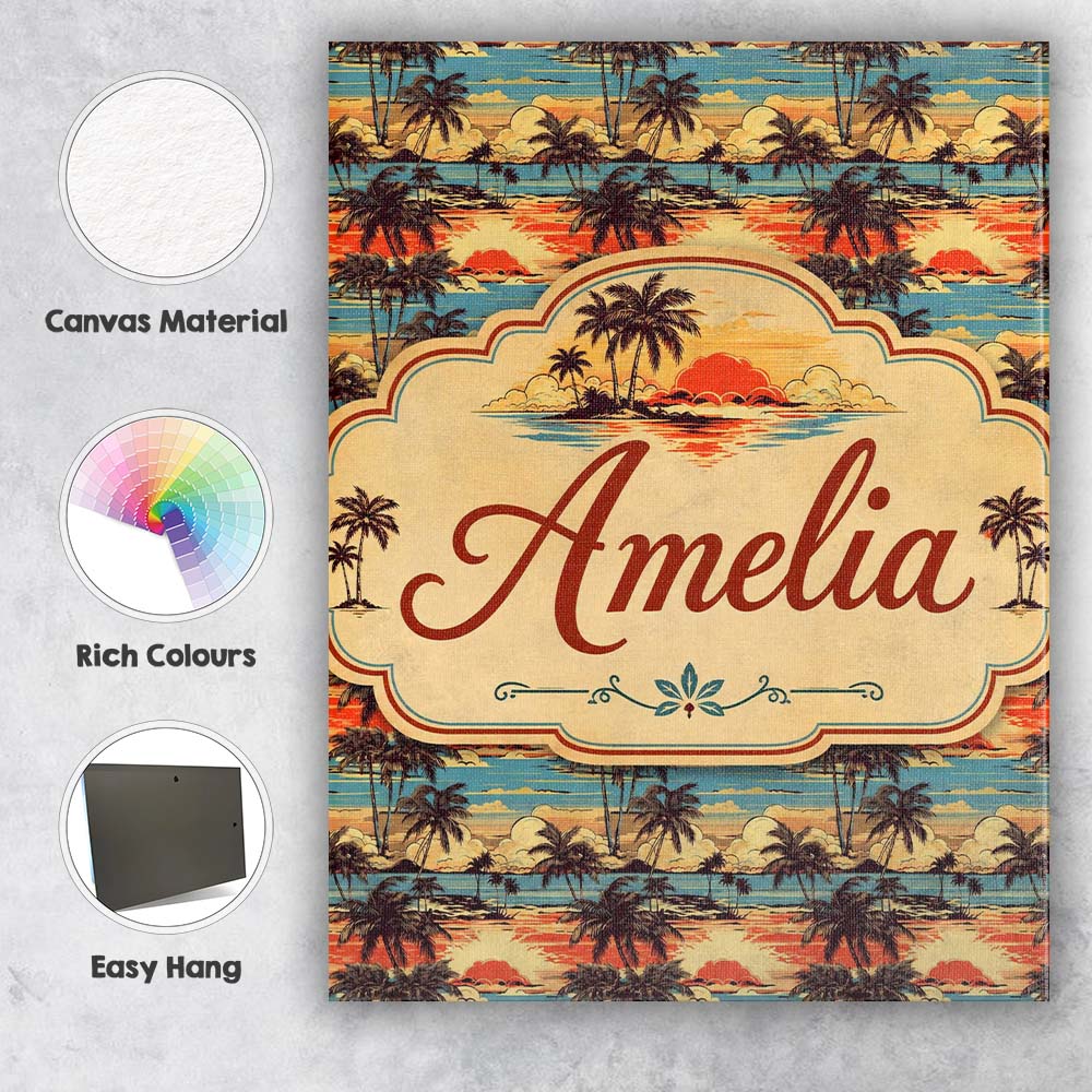 Personalised Name Tropical Palm Tree Sunset Custom  Bespoke Interior Contemporary Canvas Wall Art Print Decor Picture Ready to Hang