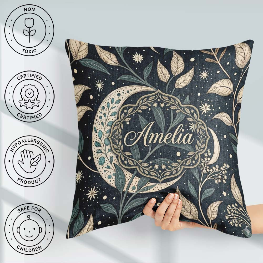 Custom Name Botanical Crescent Moon Leaves Starry Night Seamless Square Filled Cushion Throw Pillow Sofa Bed Home Decor Zip Washable UK Made