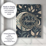 Personalised Name Botanical Crescent Moon Leaves Starry Night Custom Contemporary Display Canvas Wall Art Print Decor Picture Ready to Hang
