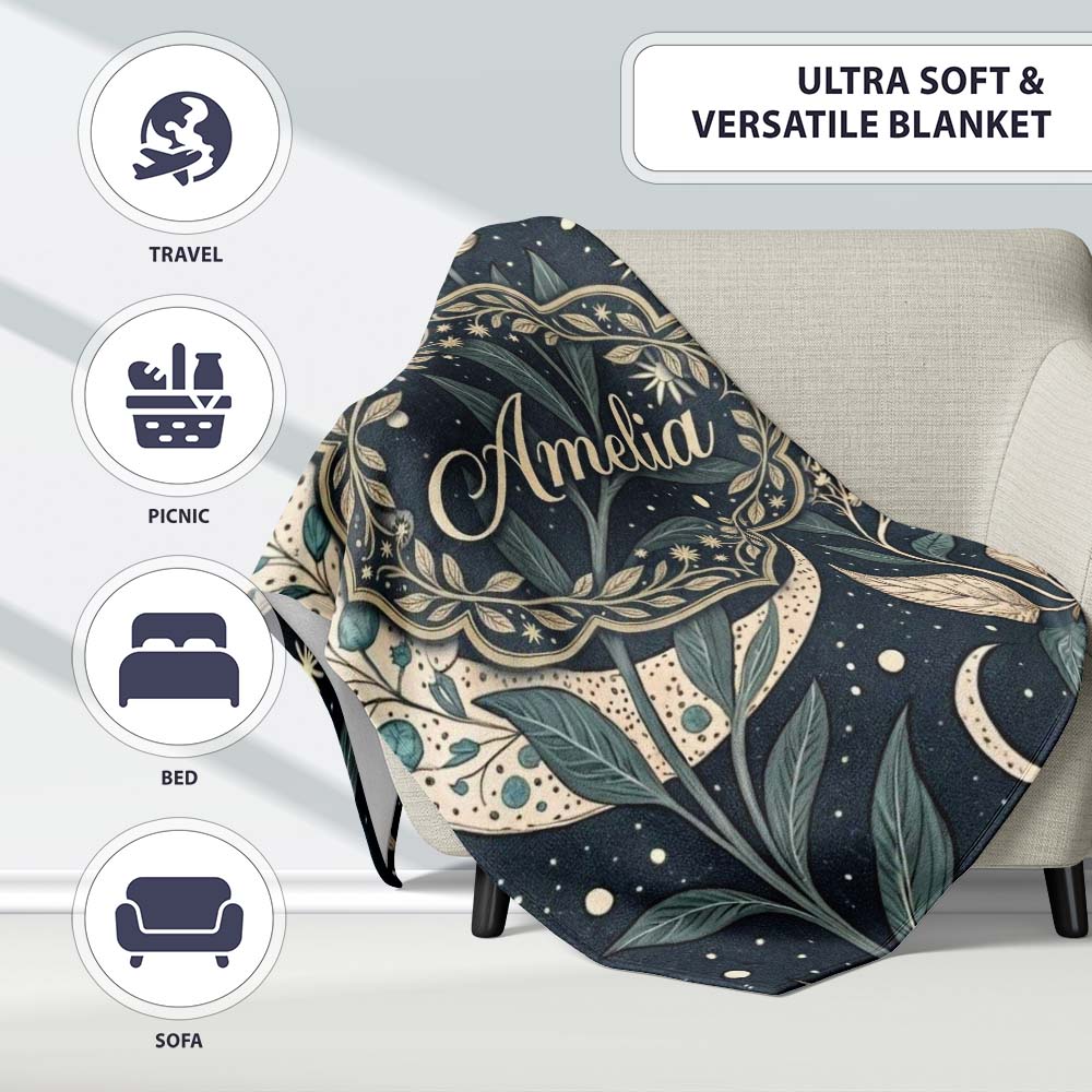 Botanical Crescent Moon Leaves Starry Night Seamless Pattern Lovely  Personalised Custom Name Super Soft Fleece Blanket Bed Sofa Throw