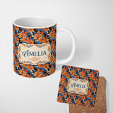 Personalized Custom Name Bold Orange Hibiscus Dark Tropical Floral Seamless Pattern Name Cute 11oz Ceramic Coffee Tea Mug White Large Handle