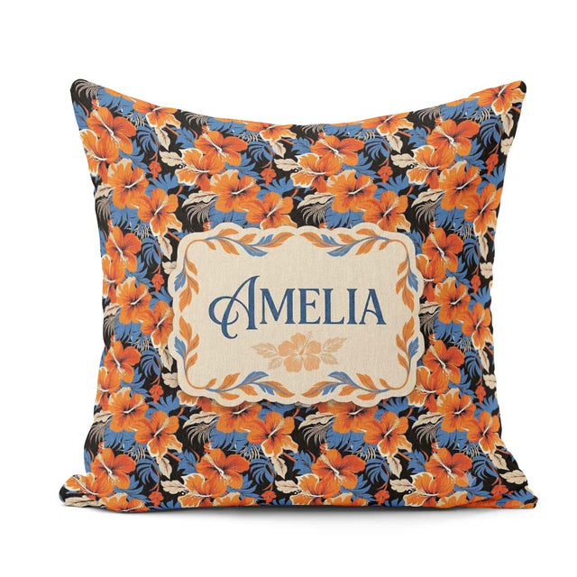 Custom Name Bold Orange Hibiscus Dark Tropical Pattern Name Cute Square Filled Cushion Throw Pillow Sofa Bed Home Decor Zip Washable UK Made
