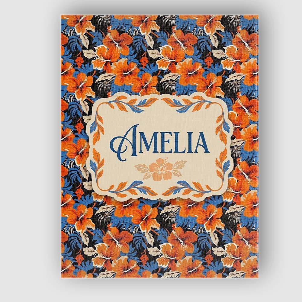 Personalised Name Bold Orange Hibiscus Dark Custom  Bespoke Interior Contemporary Canvas Wall Art Print Decor Picture Ready to Hang
