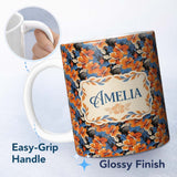 Personalized Custom Name Bold Orange Hibiscus Dark Tropical Floral Seamless Pattern Name Cute 11oz Ceramic Coffee Tea Mug White Large Handle