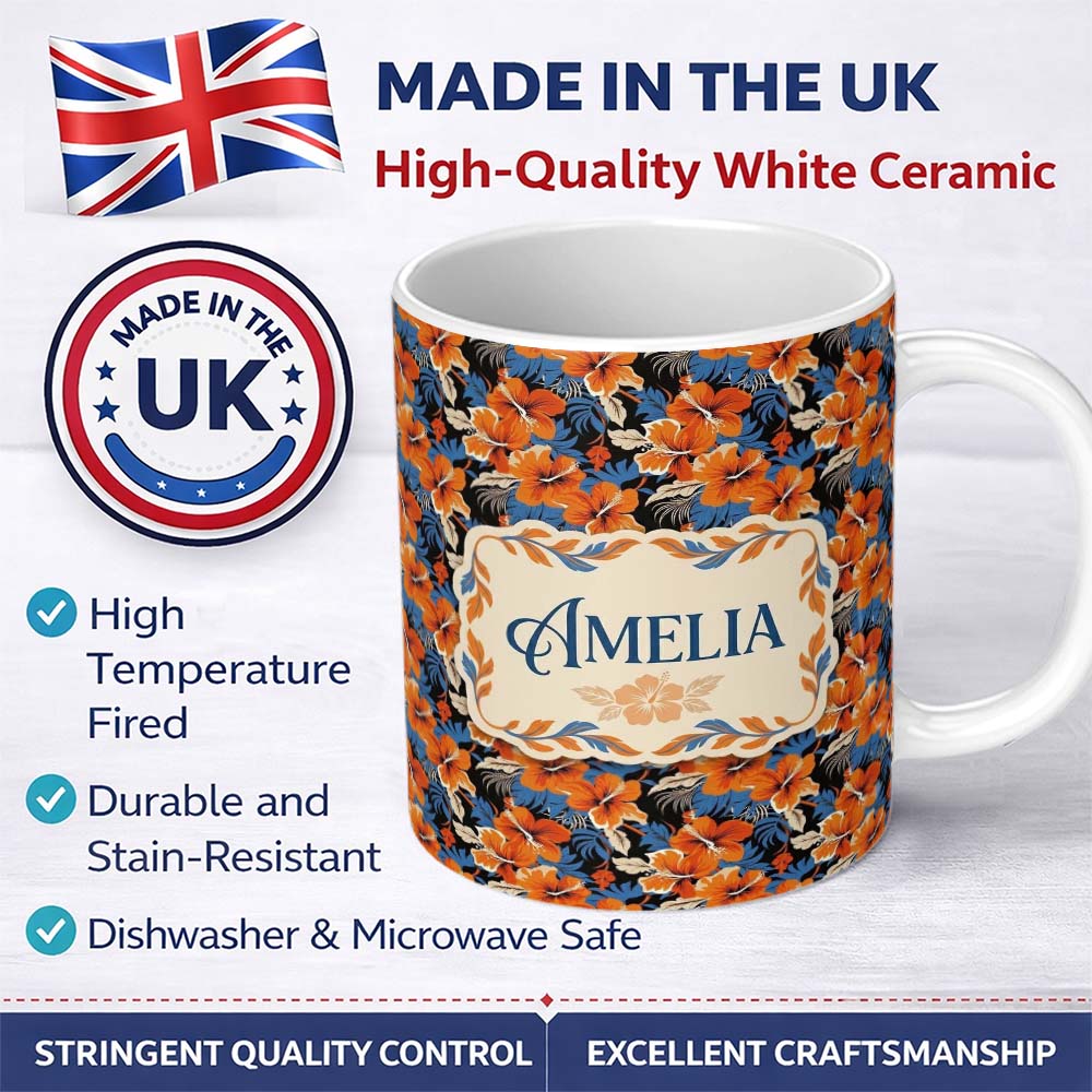 Personalized Custom Name Bold Orange Hibiscus Dark Tropical Floral Seamless Pattern Name Cute 11oz Ceramic Coffee Tea Mug White Large Handle