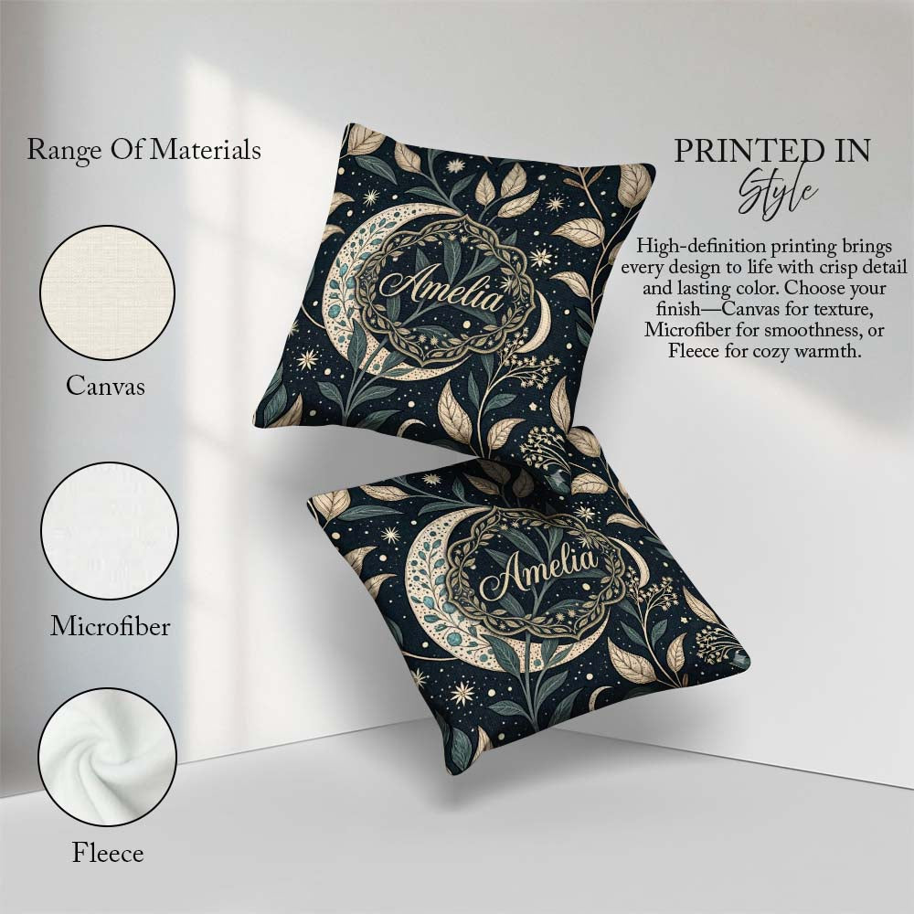 Custom Name Botanical Crescent Moon Leaves Starry Night Seamless Square Filled Cushion Throw Pillow Sofa Bed Home Decor Zip Washable UK Made