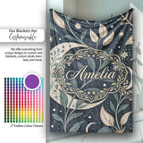 Botanical Crescent Moon Leaves Starry Night Seamless Pattern Lovely  Personalised Custom Name Super Soft Fleece Blanket Bed Sofa Throw