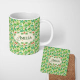 Personalized Custom Name Fresh Green Tropical Leaves Floral Seamless Pattern Name Cute 11oz Ceramic Coffee Tea Mug White Large Handle