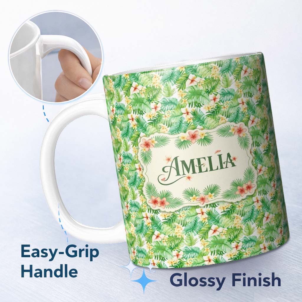 Personalized Custom Name Fresh Green Tropical Leaves Floral Seamless Pattern Name Cute 11oz Ceramic Coffee Tea Mug White Large Handle