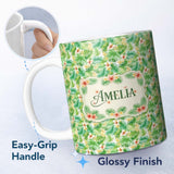 Personalized Custom Name Fresh Green Tropical Leaves Floral Seamless Pattern Name Cute 11oz Ceramic Coffee Tea Mug White Large Handle