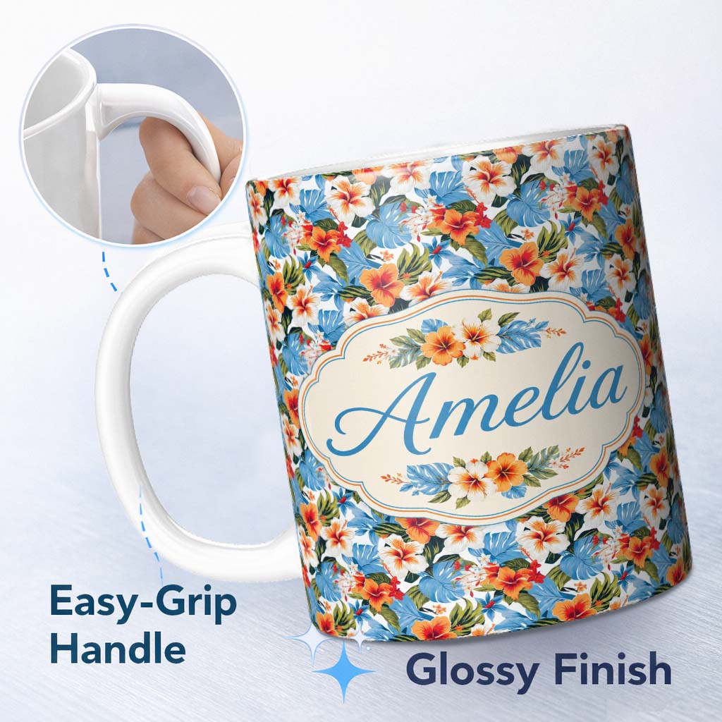 Personalized Custom Name Exotic Island Hibiscus Ocean Wave Scenic Seamless Pattern Custom 11oz Ceramic Coffee Tea Mug White Large Handle