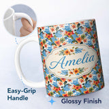 Personalized Custom Name Exotic Island Hibiscus Ocean Wave Scenic Seamless Pattern Custom 11oz Ceramic Coffee Tea Mug White Large Handle