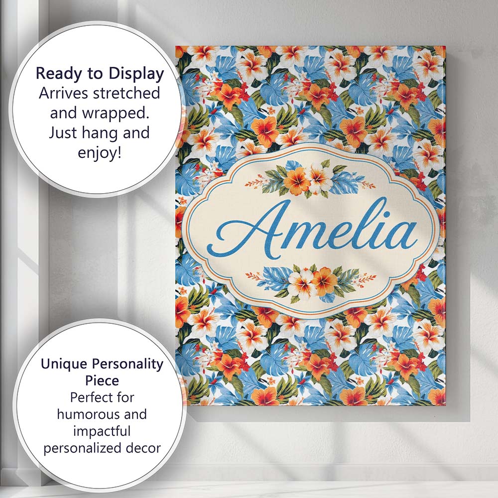 Personalised Name Exotic Island Hibiscus Custom  Unique Gift Idea Elegant Feature Canvas Wall Art Print Decor Picture Ready to Hang