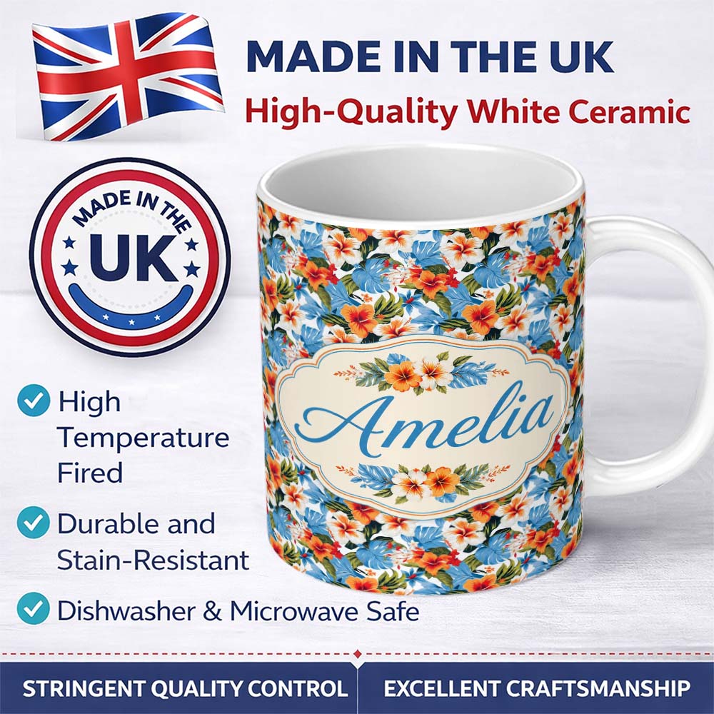 Personalized Custom Name Exotic Island Hibiscus Ocean Wave Scenic Seamless Pattern Custom 11oz Ceramic Coffee Tea Mug White Large Handle