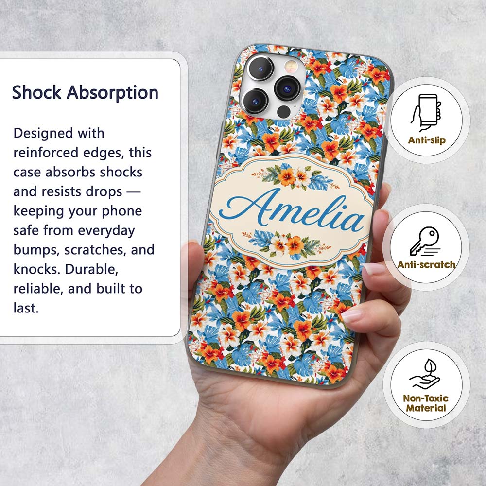 Exotic Island Hibiscus Ocean Wave Scenic Seamless Custom Name Protective Phone Case Mobile Cover Durable Everyday Smartphone Shock Resistant
