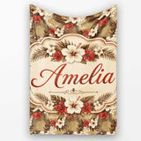 Vintage Beige Red Hibiscus Tropical Floral Seamless Pattern Name  Personalised Custom Name Super Soft Fleece Blanket Bed Sofa Throw