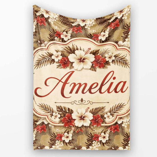 Vintage Beige Red Hibiscus Tropical Floral Seamless Pattern Name  Personalised Custom Name Super Soft Fleece Blanket Bed Sofa Throw