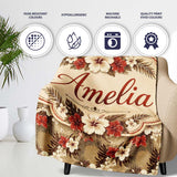 Vintage Beige Red Hibiscus Tropical Floral Seamless Pattern Name  Personalised Custom Name Super Soft Fleece Blanket Bed Sofa Throw