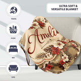 Vintage Beige Red Hibiscus Tropical Floral Seamless Pattern Name  Personalised Custom Name Super Soft Fleece Blanket Bed Sofa Throw
