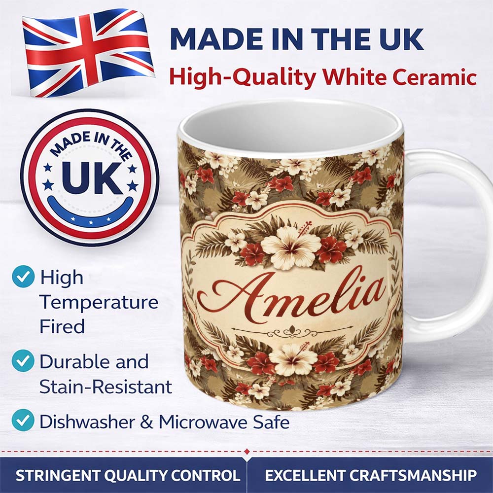 Personalized Custom Name Vintage Beige Red Hibiscus Tropical Floral Seamless Pattern Name 11oz Ceramic Coffee Tea Mug White Large Handle