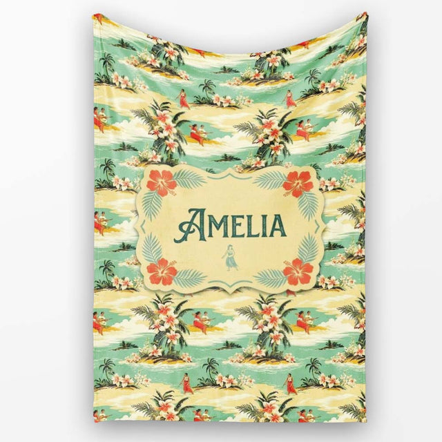 Hawaiian Island Beach People Tropical Scene Seamless Pattern Name  Personalised Custom Name Super Soft Fleece Blanket Bed Sofa Throw