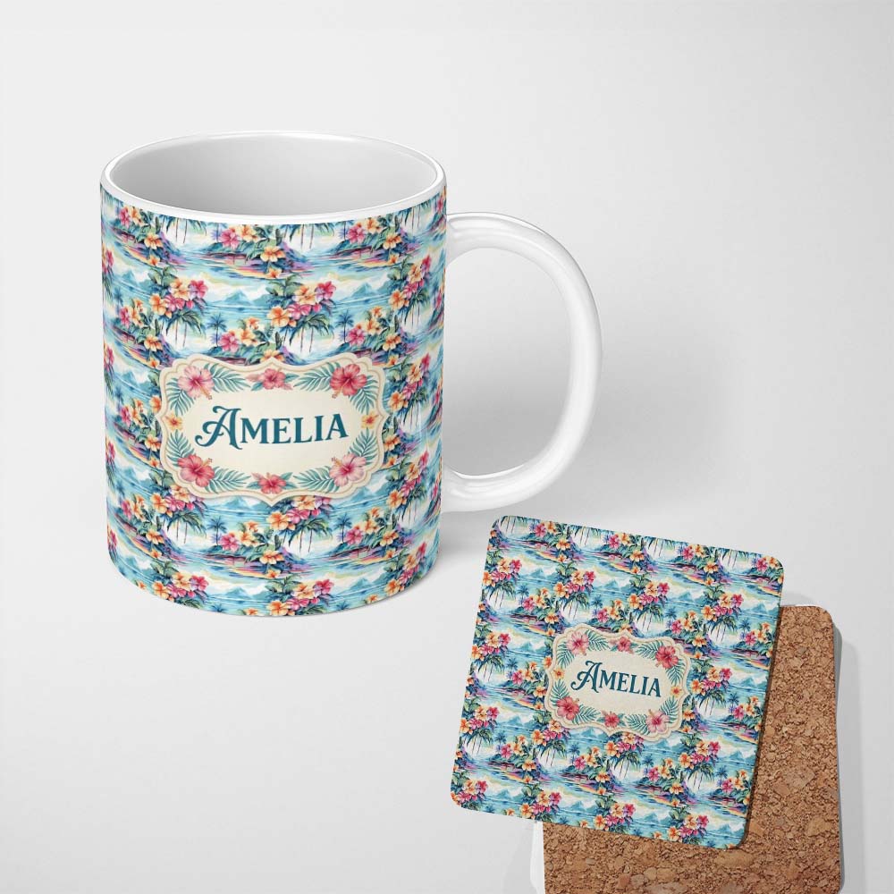 Personalized Custom Name Pastel Tropical Lagoon Hibiscus Scenic Seamless Pattern Name Cute 11oz Ceramic Coffee Tea Mug White Large Handle