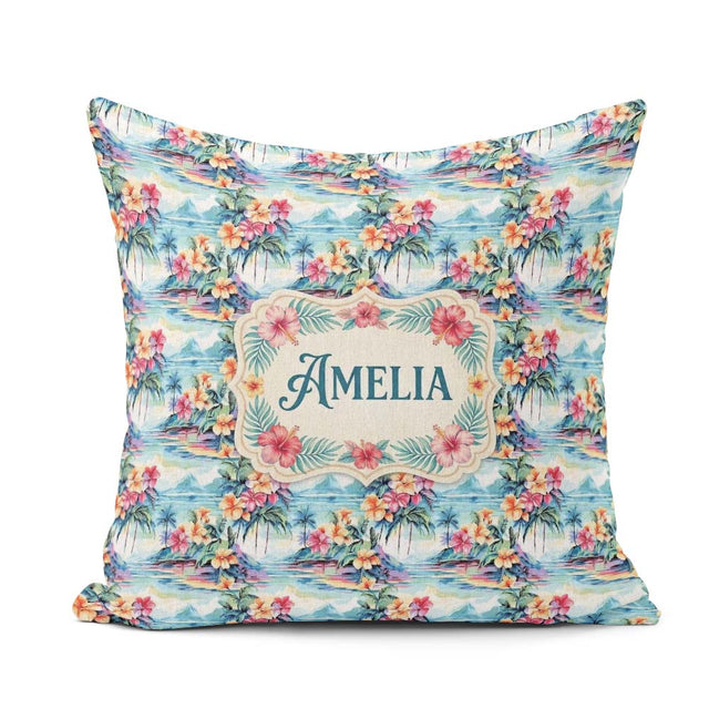 Custom Name Pastel Tropical Lagoon Hibiscus Scenic Seamless Name Square Filled Cushion Throw Pillow Sofa Bed Home Decor Zip Washable UK Made
