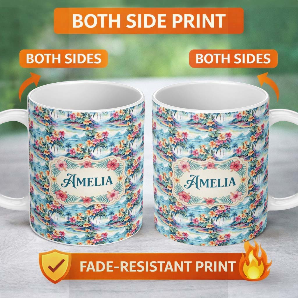 Personalized Custom Name Pastel Tropical Lagoon Hibiscus Scenic Seamless Pattern Name Cute 11oz Ceramic Coffee Tea Mug White Large Handle