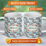 Personalized Custom Name Pastel Tropical Lagoon Hibiscus Scenic Seamless Pattern Name Cute 11oz Ceramic Coffee Tea Mug White Large Handle