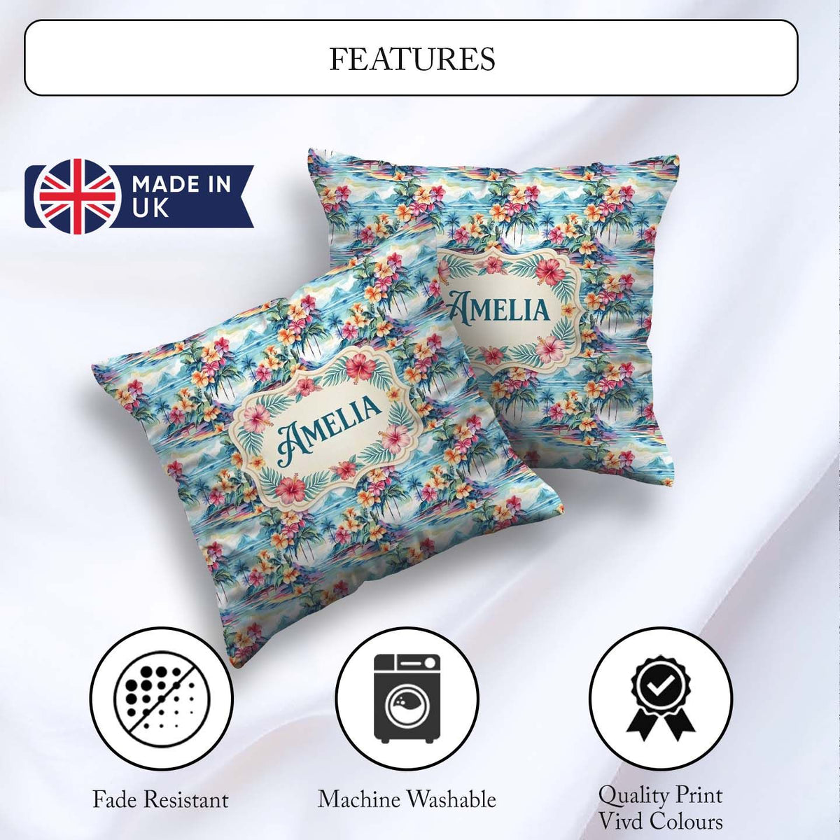 Custom Name Pastel Tropical Lagoon Hibiscus Scenic Seamless Name Square Filled Cushion Throw Pillow Sofa Bed Home Decor Zip Washable UK Made