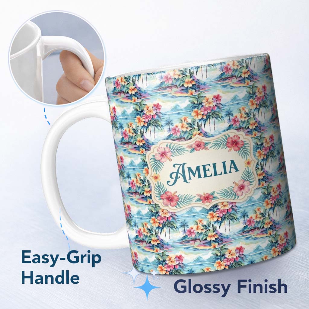 Personalized Custom Name Pastel Tropical Lagoon Hibiscus Scenic Seamless Pattern Name Cute 11oz Ceramic Coffee Tea Mug White Large Handle