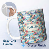 Personalized Custom Name Pastel Tropical Lagoon Hibiscus Scenic Seamless Pattern Name Cute 11oz Ceramic Coffee Tea Mug White Large Handle