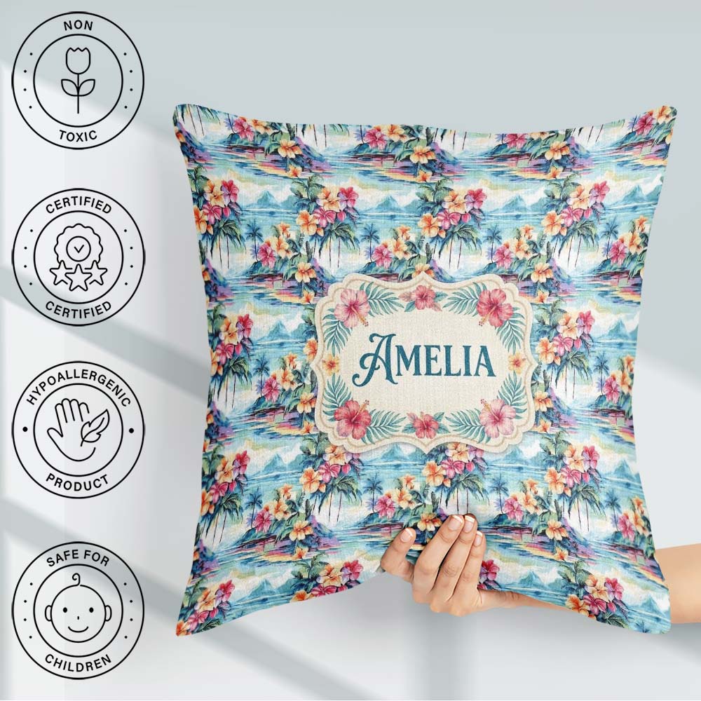 Custom Name Pastel Tropical Lagoon Hibiscus Scenic Seamless Name Square Filled Cushion Throw Pillow Sofa Bed Home Decor Zip Washable UK Made