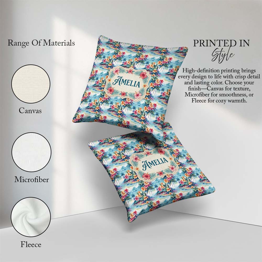 Custom Name Pastel Tropical Lagoon Hibiscus Scenic Seamless Name Square Filled Cushion Throw Pillow Sofa Bed Home Decor Zip Washable UK Made