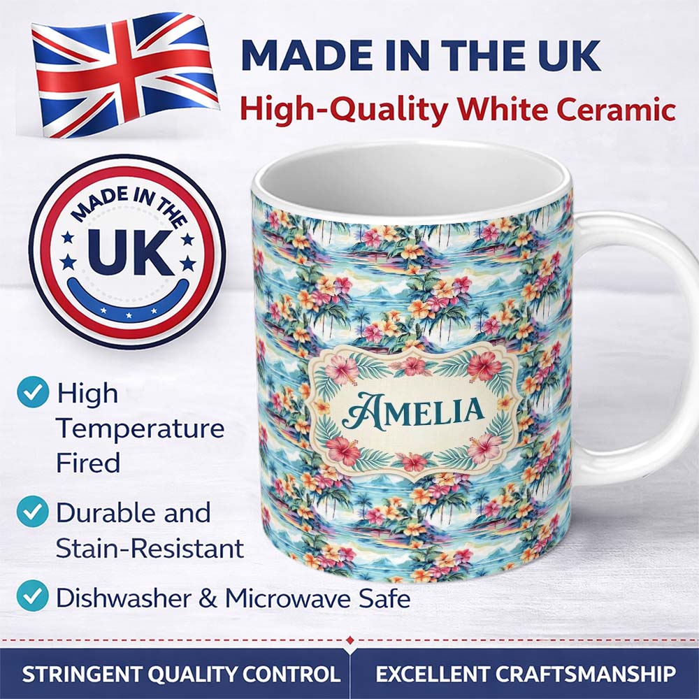 Personalized Custom Name Pastel Tropical Lagoon Hibiscus Scenic Seamless Pattern Name Cute 11oz Ceramic Coffee Tea Mug White Large Handle