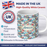 Personalized Custom Name Pastel Tropical Lagoon Hibiscus Scenic Seamless Pattern Name Cute 11oz Ceramic Coffee Tea Mug White Large Handle