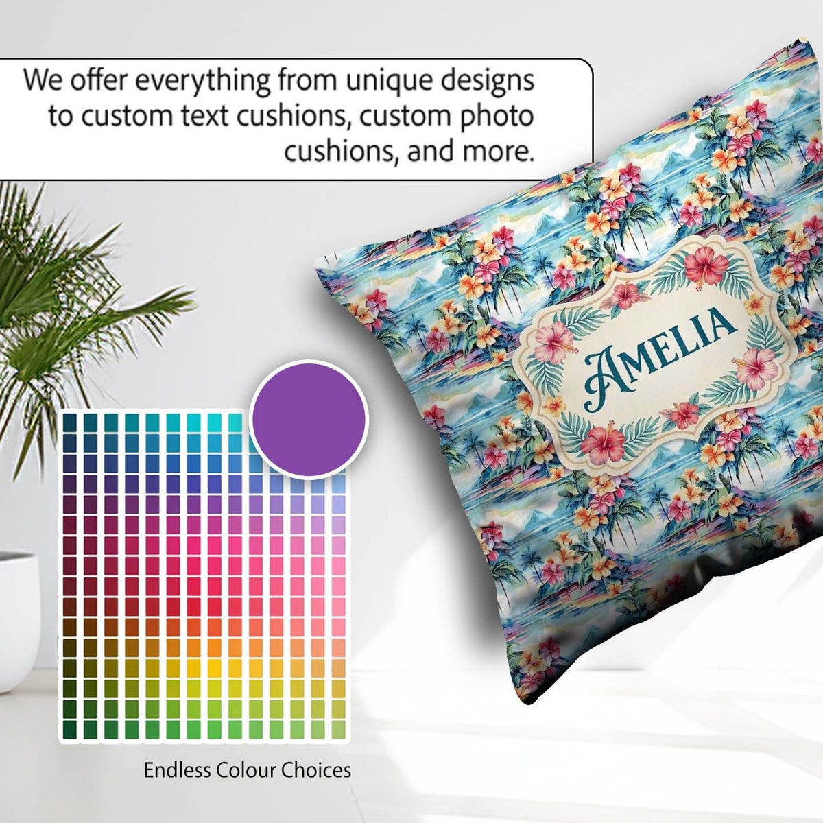 Custom Name Pastel Tropical Lagoon Hibiscus Scenic Seamless Name Square Filled Cushion Throw Pillow Sofa Bed Home Decor Zip Washable UK Made