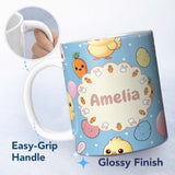 Personalized Custom Name Cute Easter Bunny Chick Carrots Eggs Polka Dot Seamless Pattern Blue 11oz Ceramic Coffee Tea Mug White Large Handle