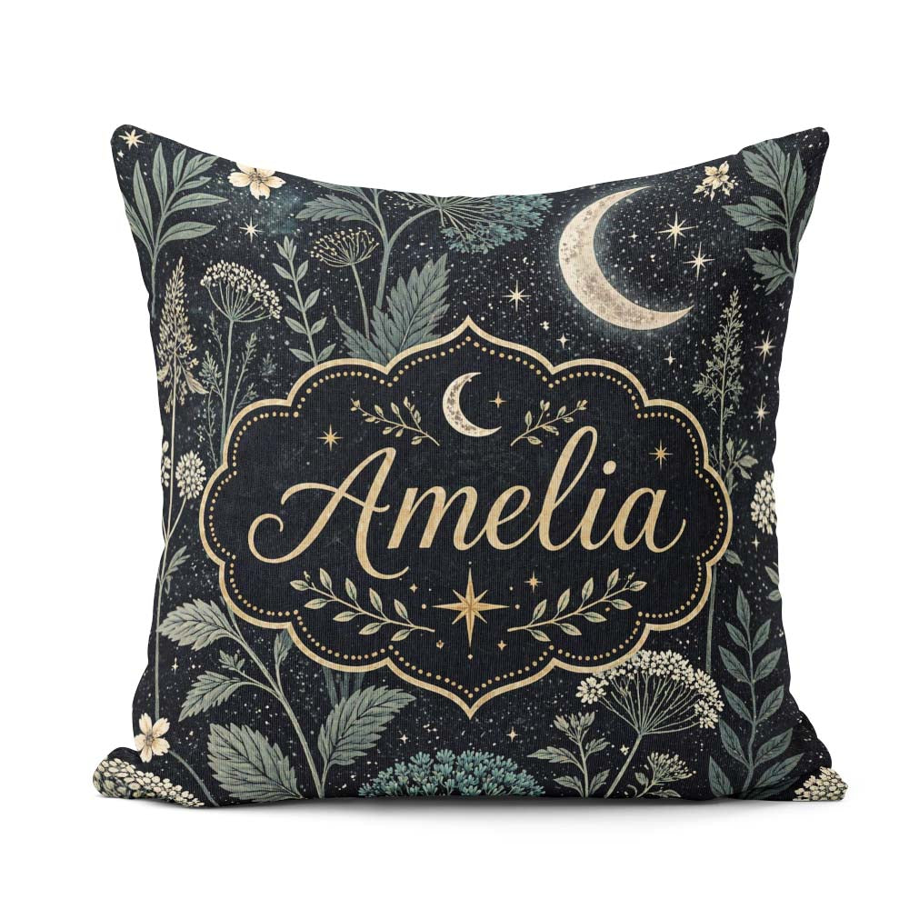 Custom Name Dark Moon Stars Night Meadow Seamless Pattern Lovely Square Filled Cushion Throw Pillow Sofa Bed Home Decor Zip Washable UK Made