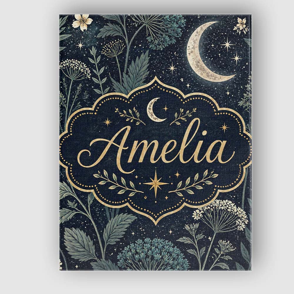Personalised Name Dark Botanical Moon Stars Night Meadow Seamless Custom  Bespoke Canvas Wall Art Print Decor Picture Ready to Hang
