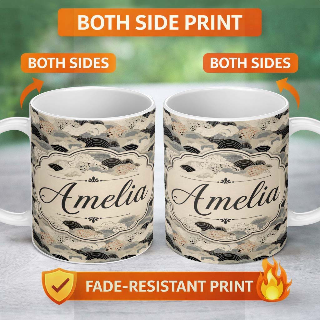 Personalized Custom Name Elegant Ocean Waves Neutral Tones Seamless Pattern Art Name Cute 11oz Ceramic Coffee Tea Mug White Large Handle