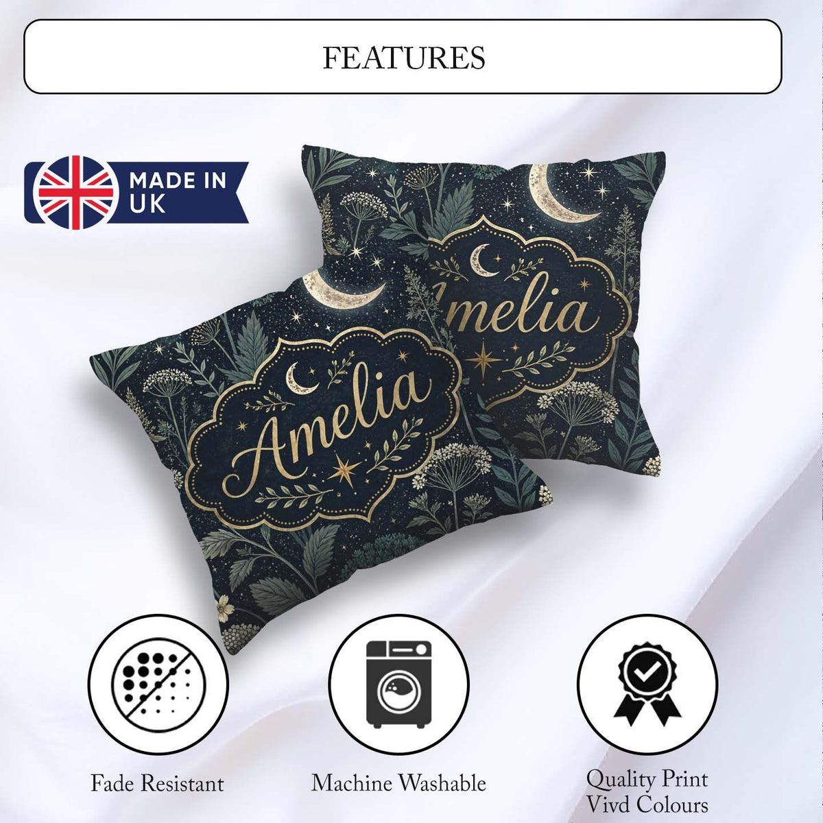 Custom Name Dark Moon Stars Night Meadow Seamless Pattern Lovely Square Filled Cushion Throw Pillow Sofa Bed Home Decor Zip Washable UK Made