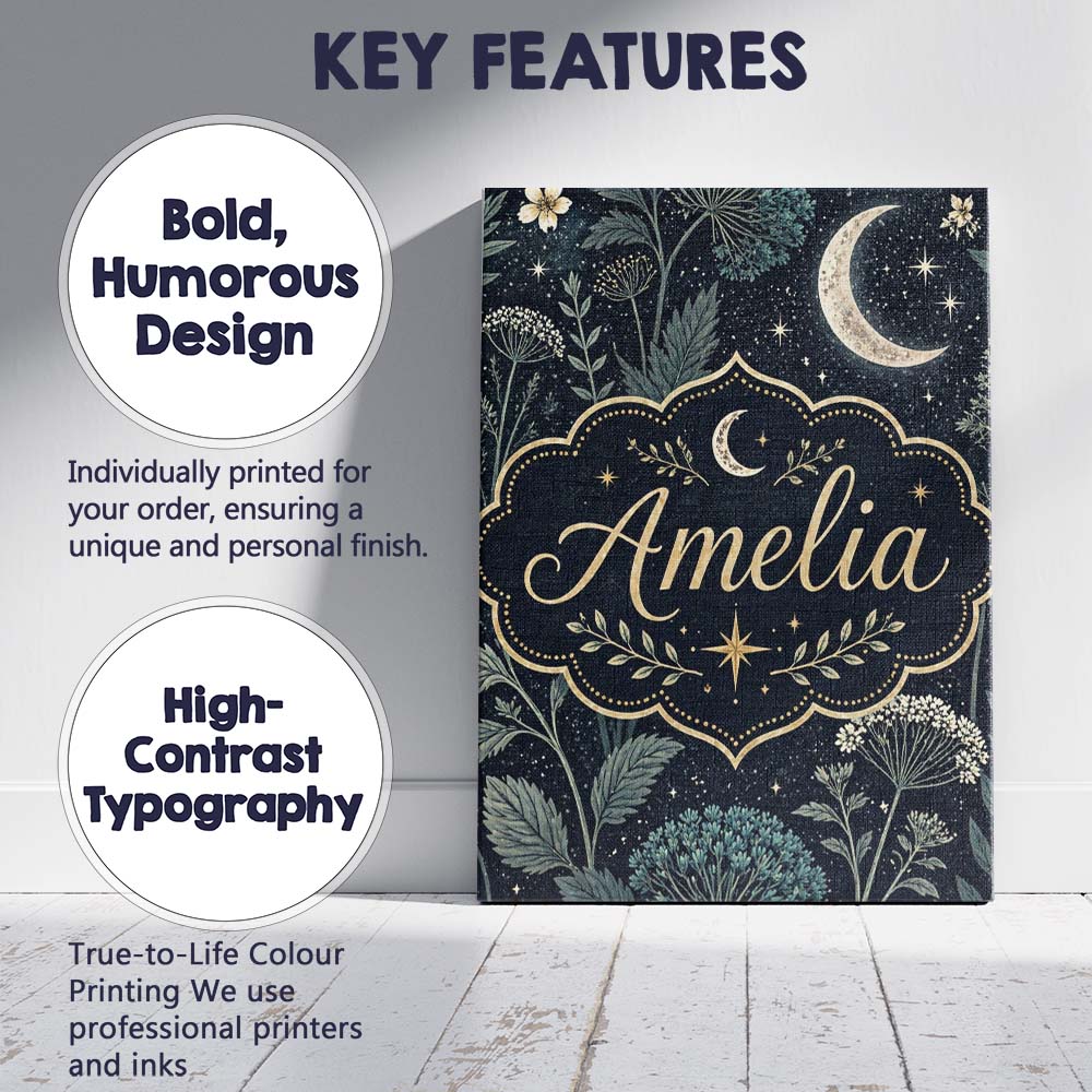 Personalised Name Dark Botanical Moon Stars Night Meadow Seamless Custom  Bespoke Canvas Wall Art Print Decor Picture Ready to Hang