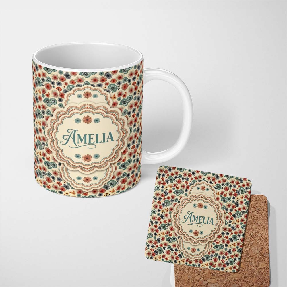 Personalized Custom Name Floral Burst Ditsy Flowers Seamless Pattern Art Name Cute Unique 11oz Ceramic Coffee Tea Mug White Large Handle