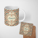 Personalized Custom Name Floral Burst Ditsy Flowers Seamless Pattern Art Name Cute Unique 11oz Ceramic Coffee Tea Mug White Large Handle