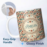 Personalized Custom Name Floral Burst Ditsy Flowers Seamless Pattern Art Name Cute Unique 11oz Ceramic Coffee Tea Mug White Large Handle